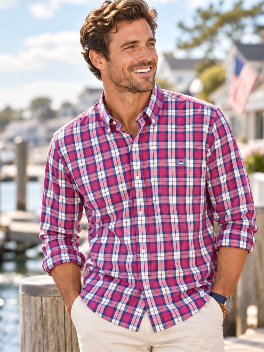 Southern Tide Classic Fit Plaid Button Down Shirt Men’s XL Pink Navy White